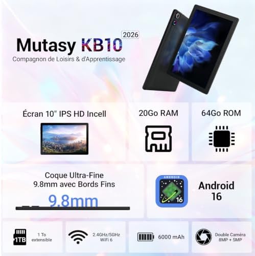 10 Inch Android 16 Tablet 5-Core Tablet, Widevine L1 20GB + 64GB + 1TB TF, WiFi 6 BT 5.3 6000mAh Battery, OTG Transmission, Face Unlock, Type C Headphone Jack (Black)  Amazon.fr: Electronics