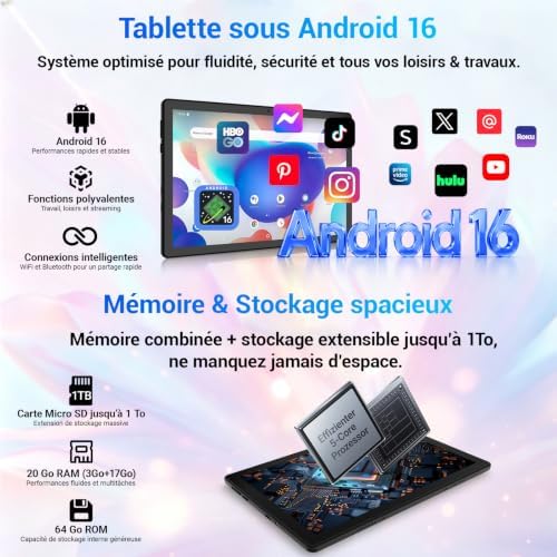 10 Inch Android 16 Tablet 5-Core Tablet, Widevine L1 20GB + 64GB + 1TB TF, WiFi 6 BT 5.3 6000mAh Battery, OTG Transmission, Face Unlock, Type C Headphone Jack (Black)  Amazon.fr: Electronics